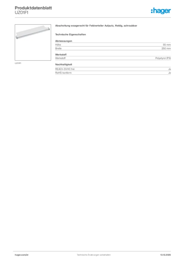 Bild Hager Produktdatenblatt UZ01F1 | Hager Deutschland