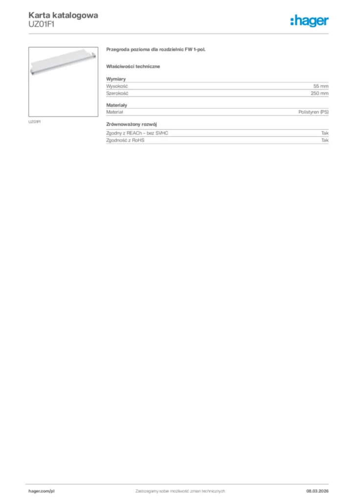 Zdjęcie Hager Karta katalogowa UZ01F1 | Hager Polska