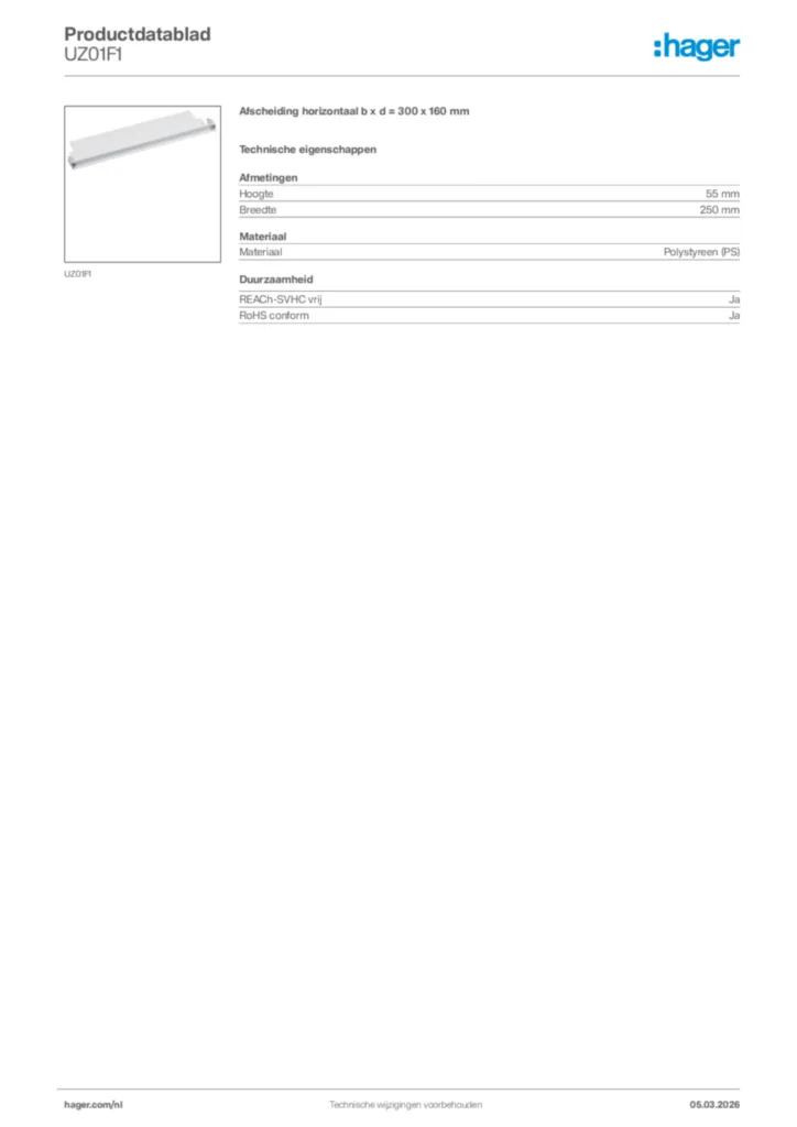 Afbeelding Hager Productdatablad UZ01F1 | Hager Nederland