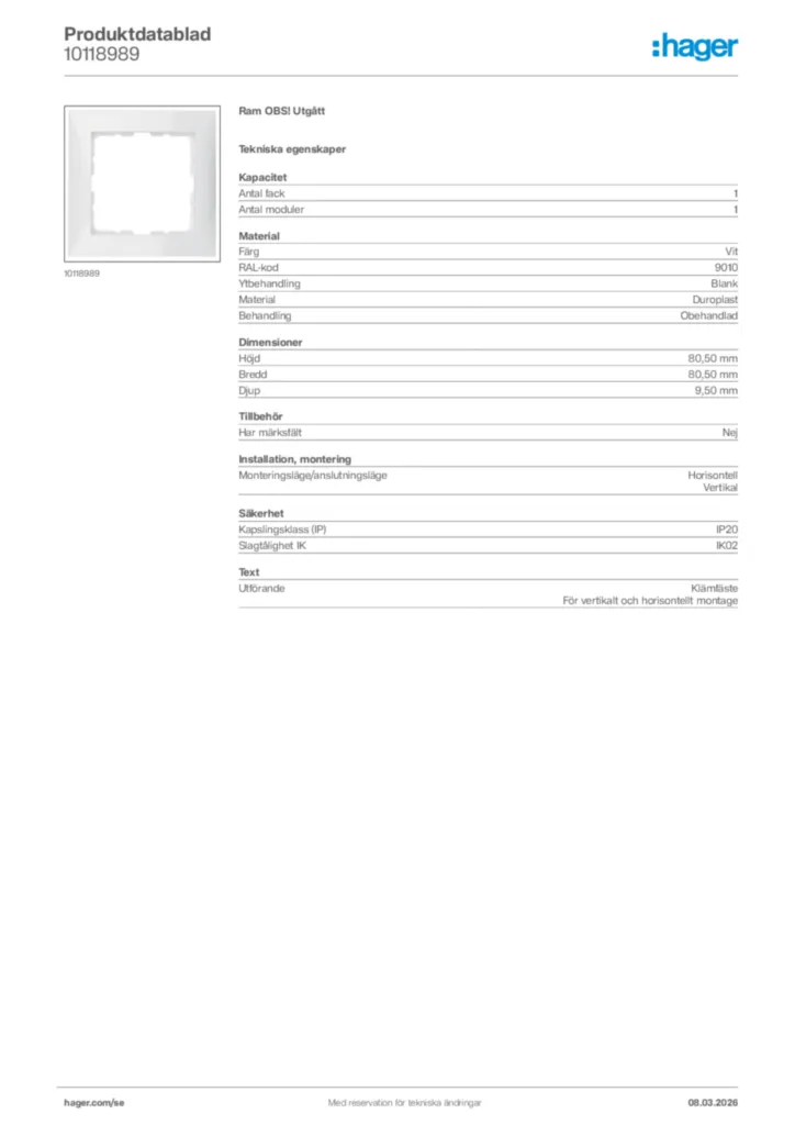 Bild Hager Produktdatablad 10118989 | Hager Sverige
