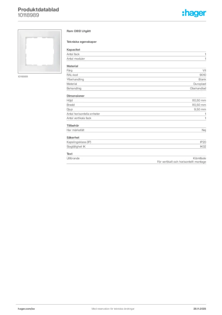 Bild Hager Produktdatablad 10118989 | Hager Sverige