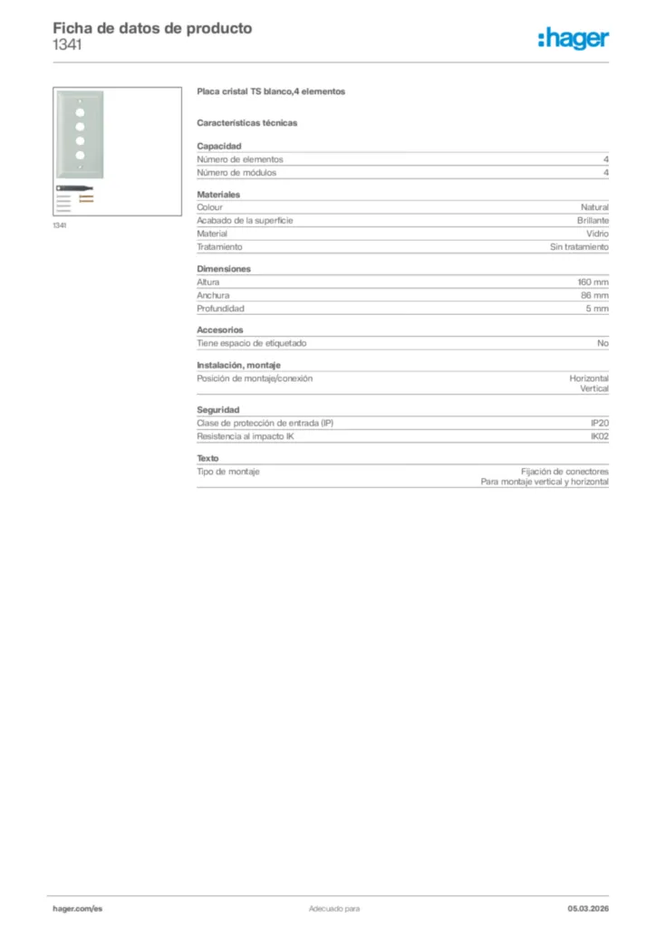 Imagen Hager Ficha de datos de producto 1341 | Hager España