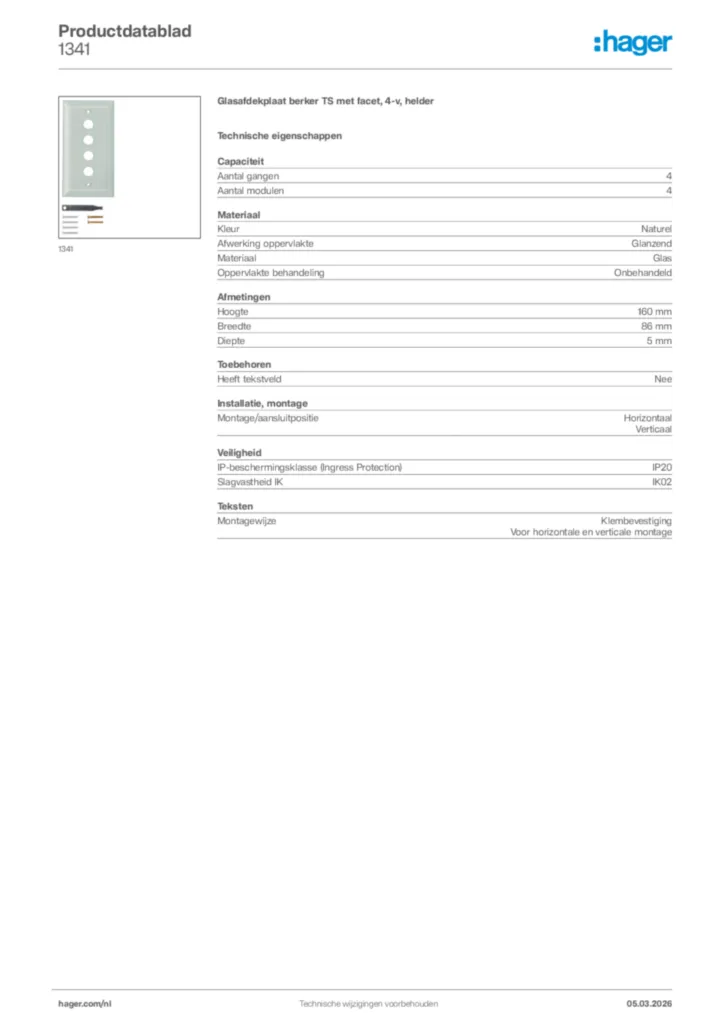 Afbeelding Hager Productdatablad 1341 | Hager Nederland