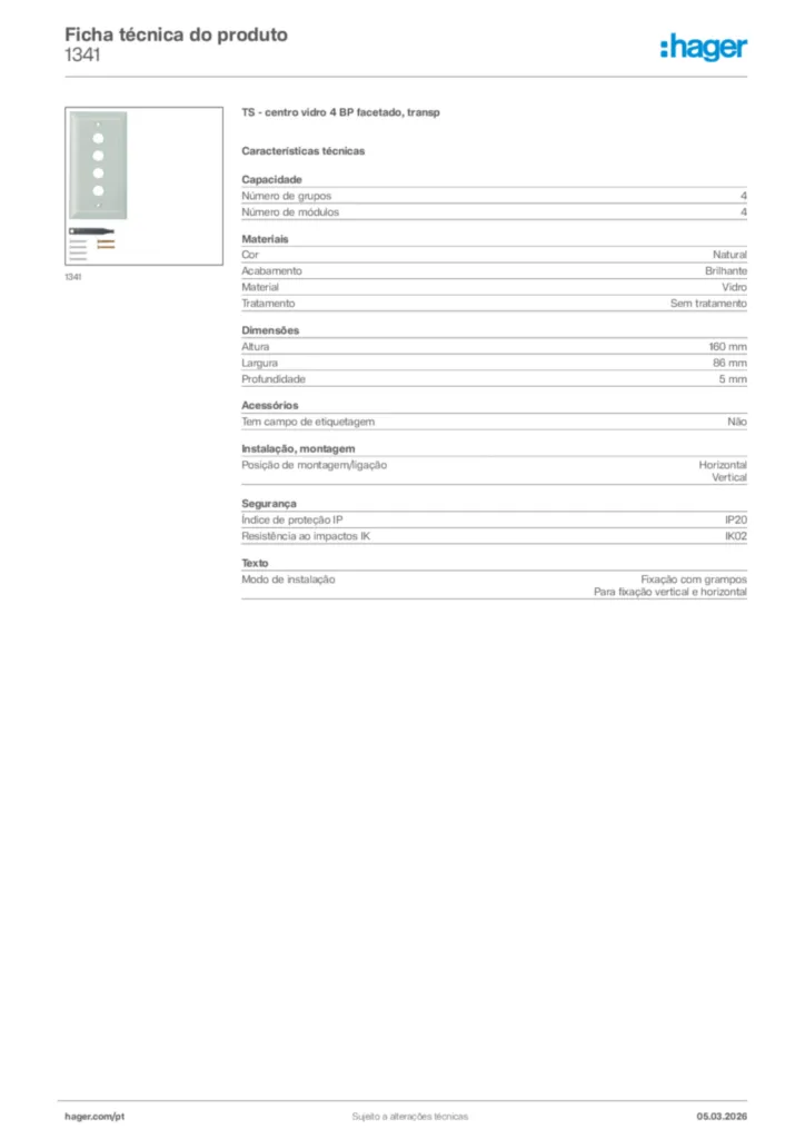 Imagem Hager Ficha técnica do produto 1341 | Hager Portugal