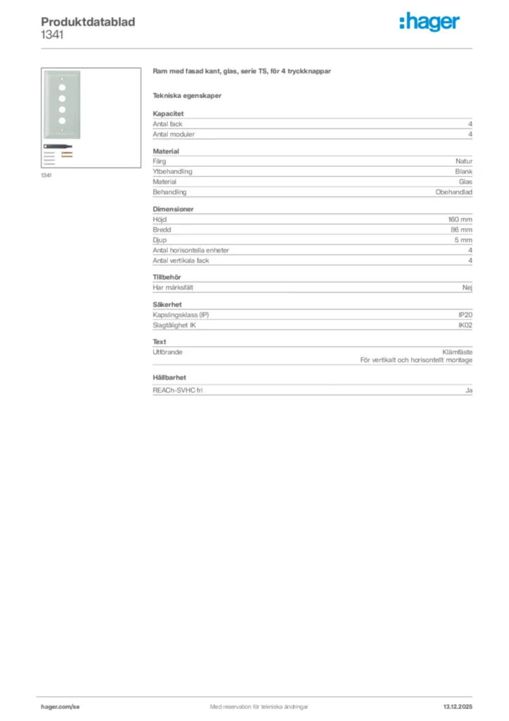 Bild Hager Produktdatablad 1341 | Hager Sverige