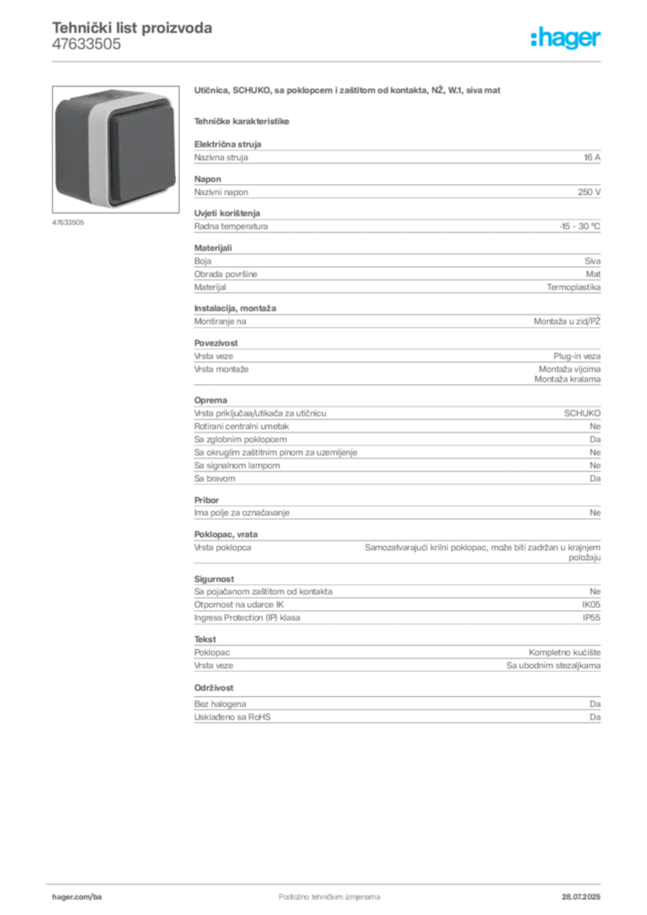 Slika Hager Product data sheet 47633505  | Hager