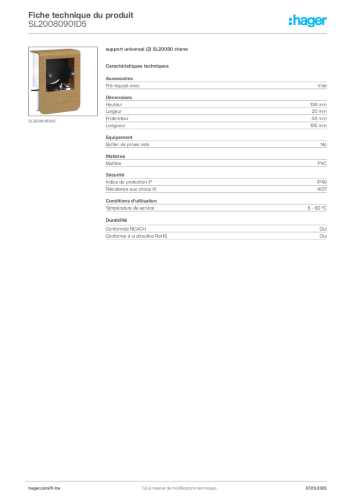 Image Hager Fiche technique du produit SL20080901D5 | Hager Belgique