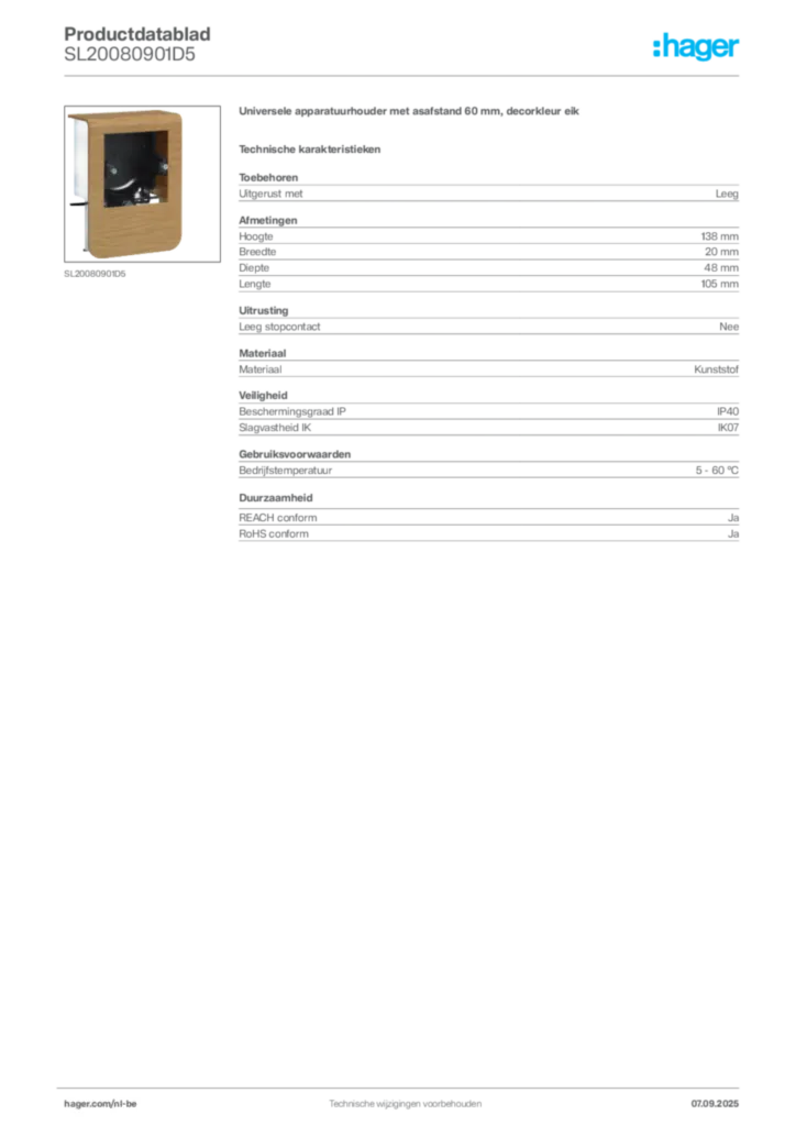 Afbeelding Hager Productdatablad SL20080901D5 | Hager Belgium