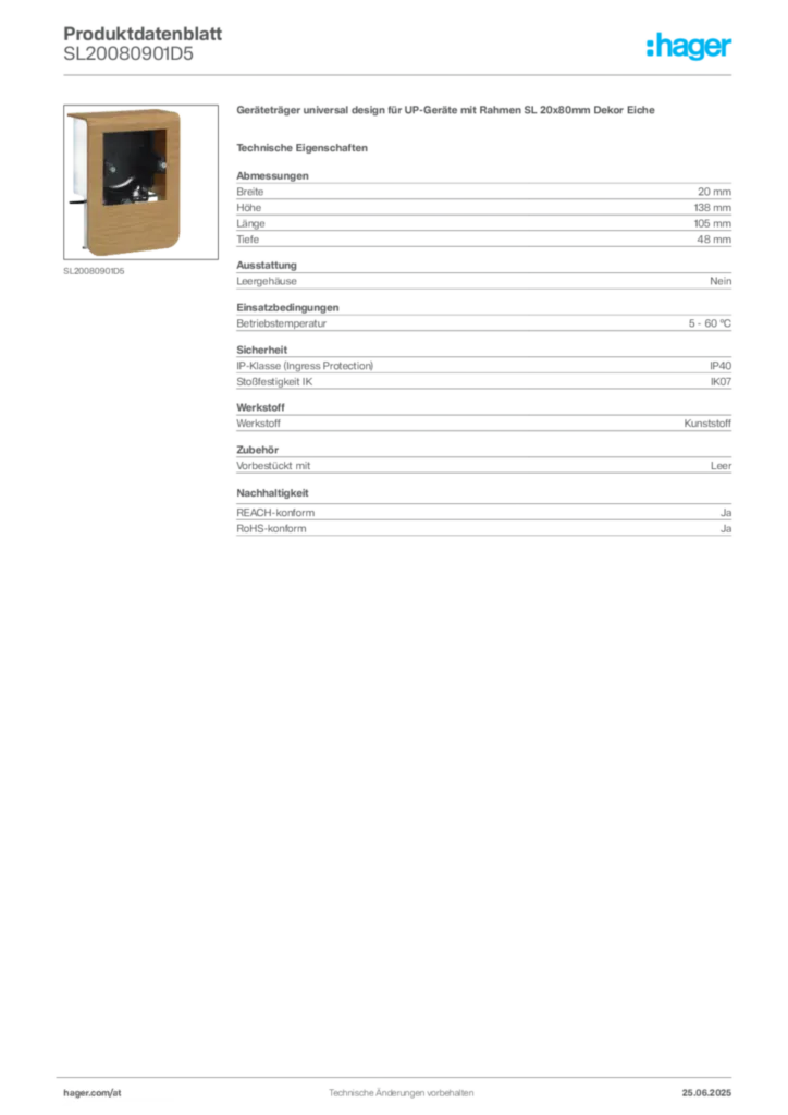 Bild Hager Produktdatenblatt SL20080901D5 | Hager Deutschland