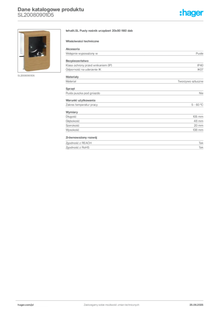 Zdjęcie Hager Karta katalogowa SL20080901D5 | Hager Polska
