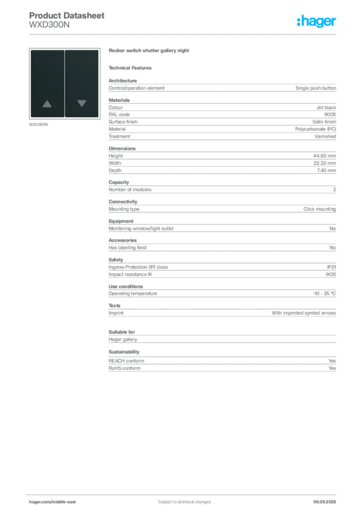 Image Hager Product data sheet WXD300N  | Hager