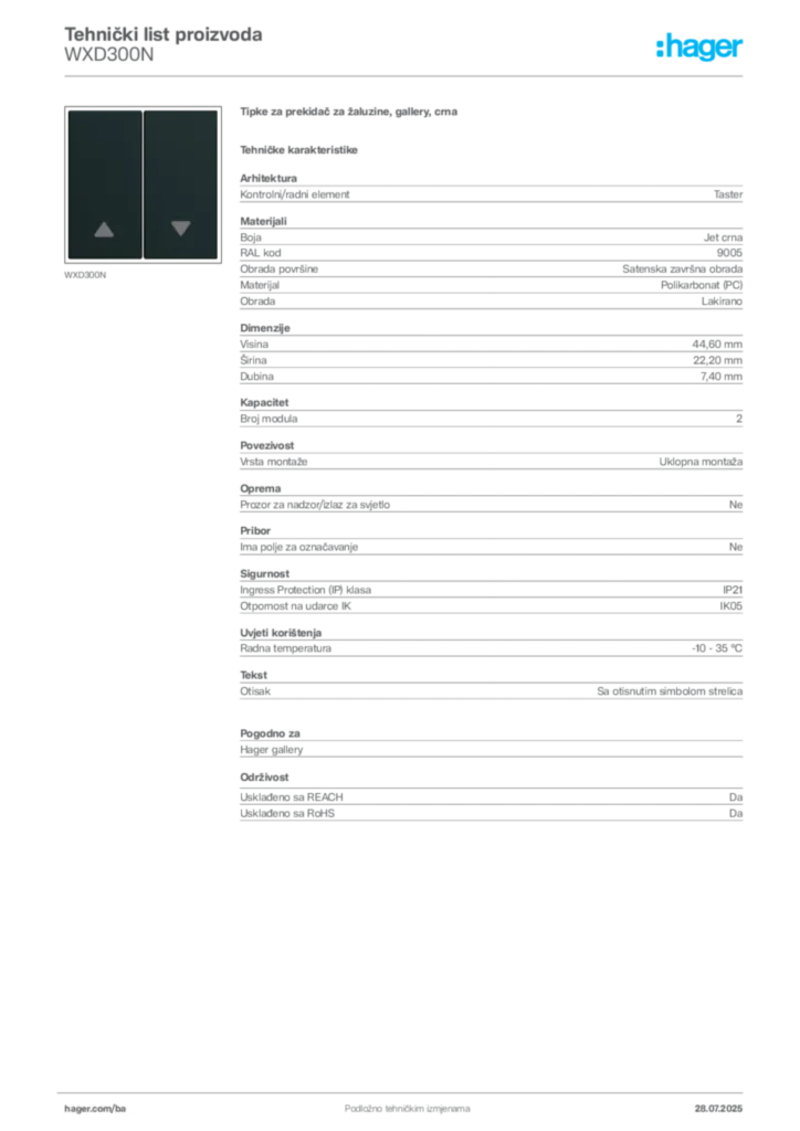 Slika Hager Product data sheet WXD300N  | Hager