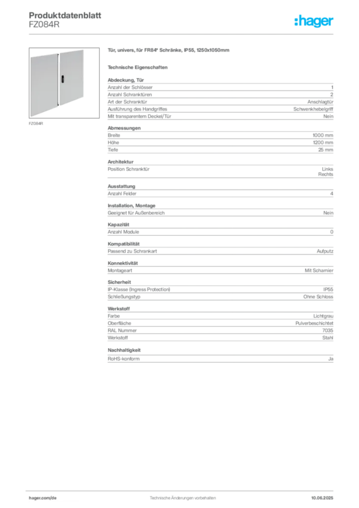 Bild Hager Produktdatenblatt FZ084R | Hager Deutschland