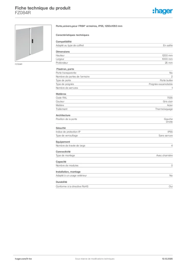 Image Hager Fiche technique du produit FZ084R | Hager Belgique