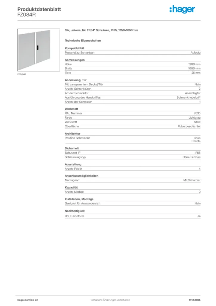 Bild Hager Produktdatenblatt FZ084R | Hager Schweiz