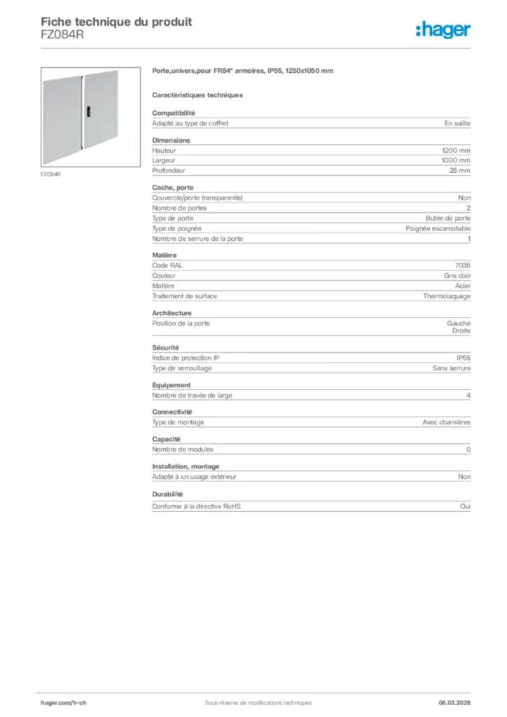 Image Hager Fiche technique du produit FZ084R | Hager Suisse