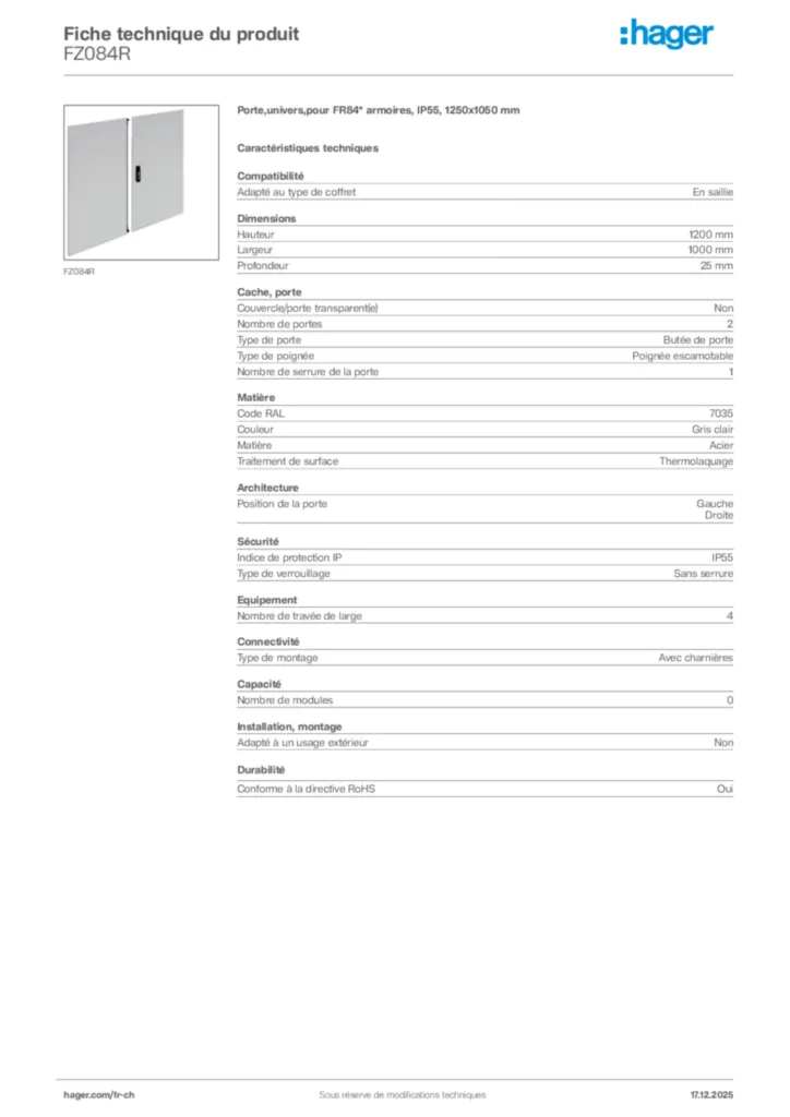 Image Hager Fiche technique du produit FZ084R | Hager Suisse