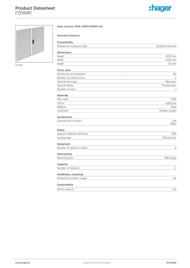 Image Hager Product data sheet FZ084R  | Hager