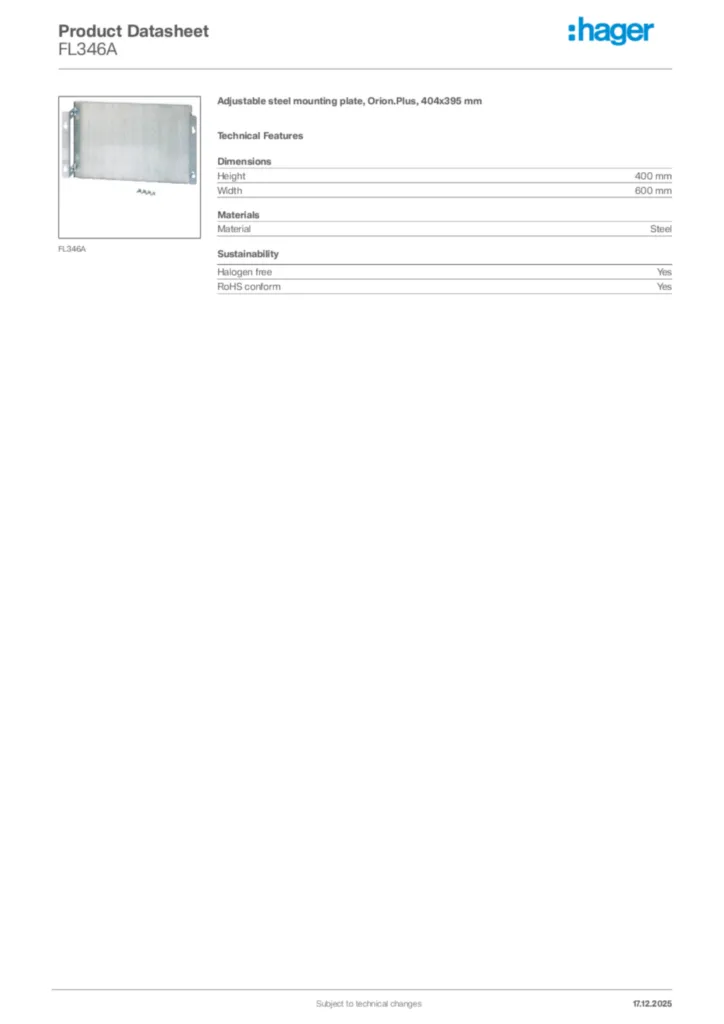 Image Hager Product data sheet FL346A  | Hager Africa