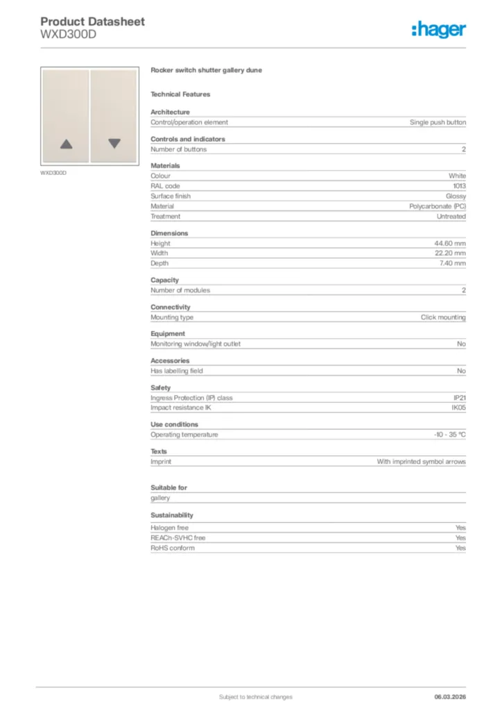 Image Hager Product data sheet WXD300D  | Hager Africa