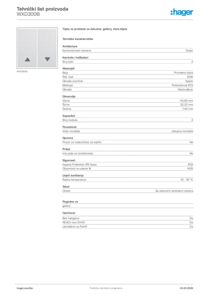 Slika Hager Tehnički list proizvoda WXD300B  | Hager