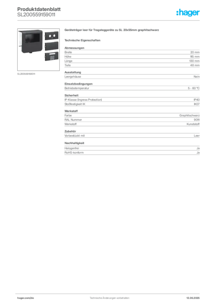 Hager Produktdatenblatt SL200559159011