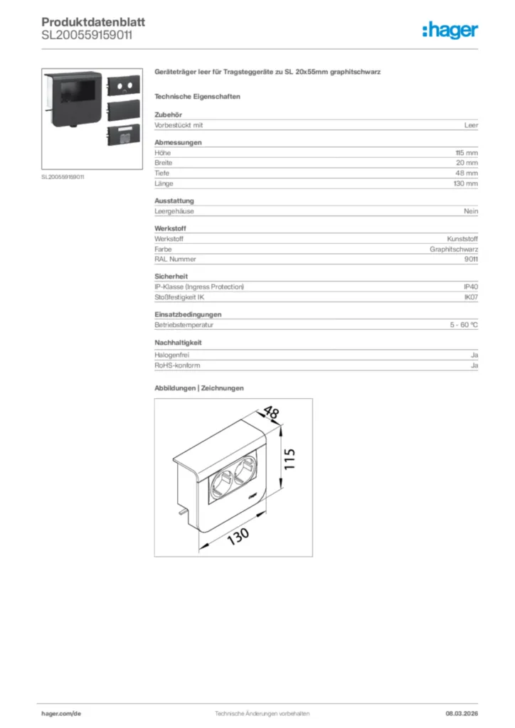 Bild Hager Produktdatenblatt SL200559159011 | Hager Deutschland