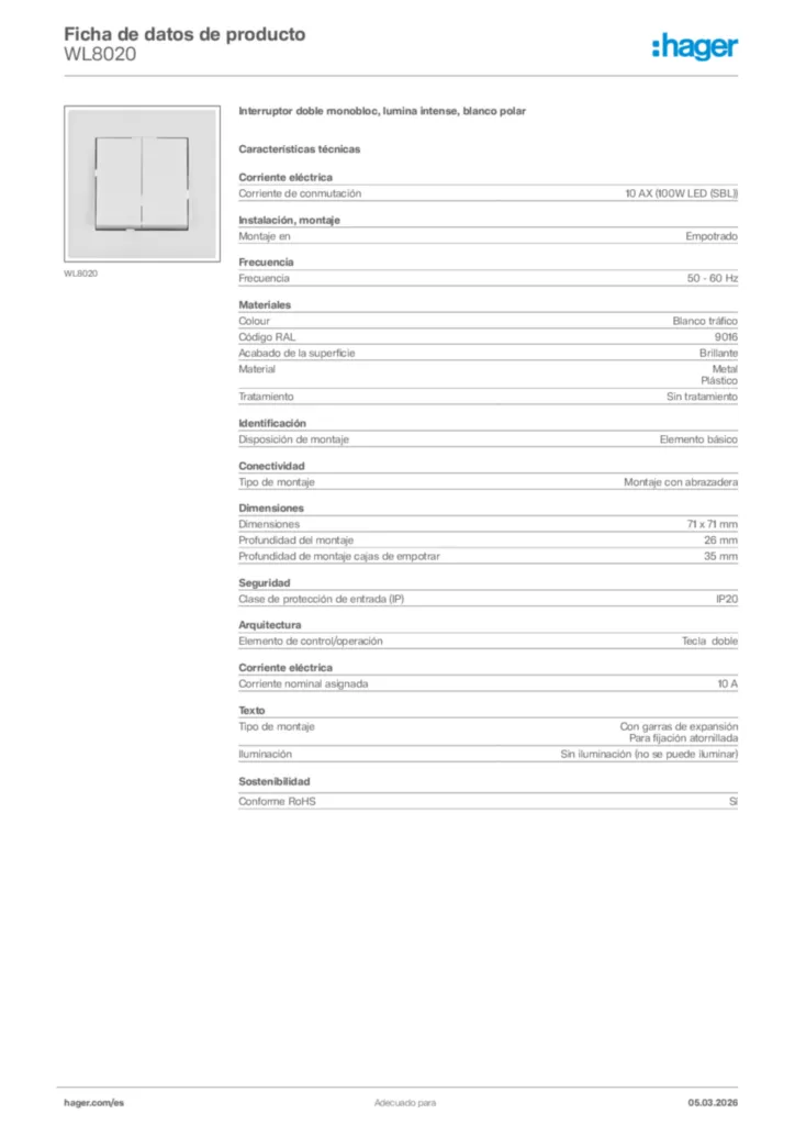 Imagen Hager Ficha de datos de producto WL8020 | Hager España