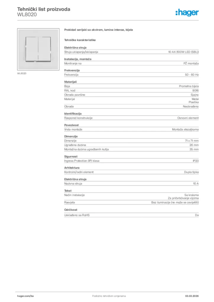 Slika Hager Tehnički list proizvoda WL8020  | Hager