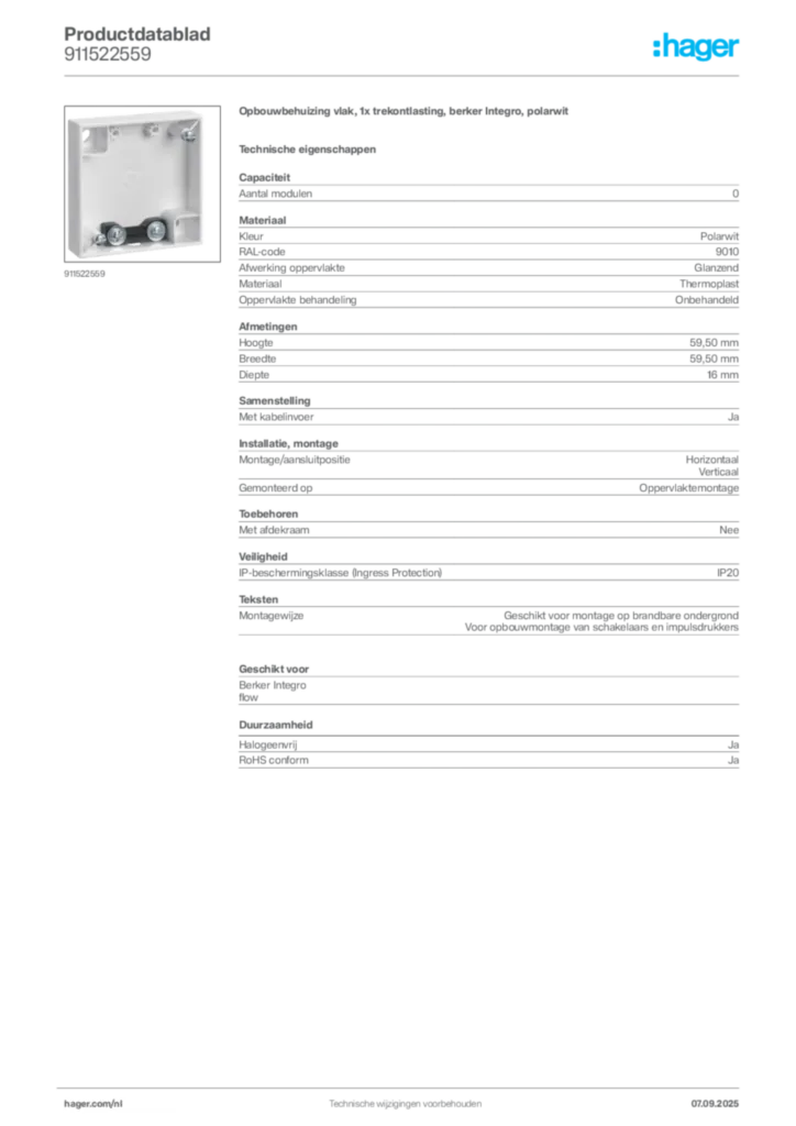 Afbeelding Hager Productdatablad 911522559 | Hager Nederland