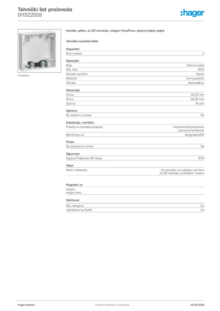 Slika Hager Tehnički list proizvoda 911522559  | Hager