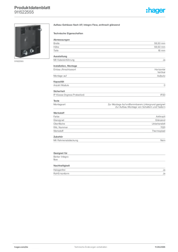 Bild Berker Produktdatenblatt 911522555 | Hager Deutschland