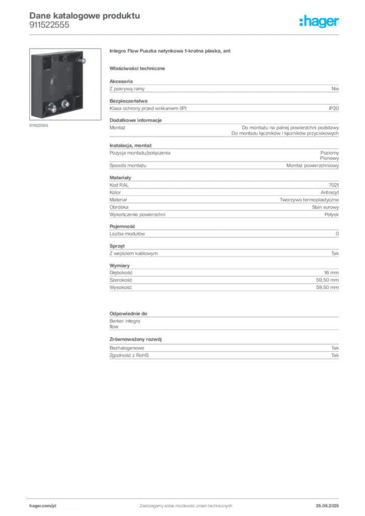 Zdjęcie Hager Karta katalogowa 911522555 | Hager Polska