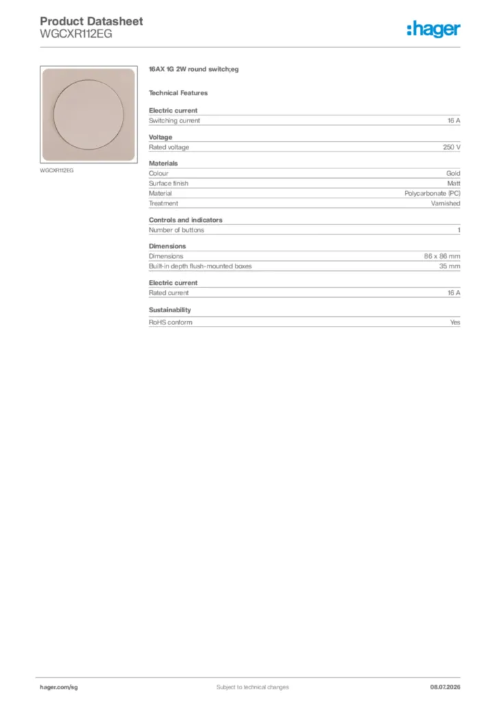 Image Hager Product data sheet WGCXR112EG  | Hager