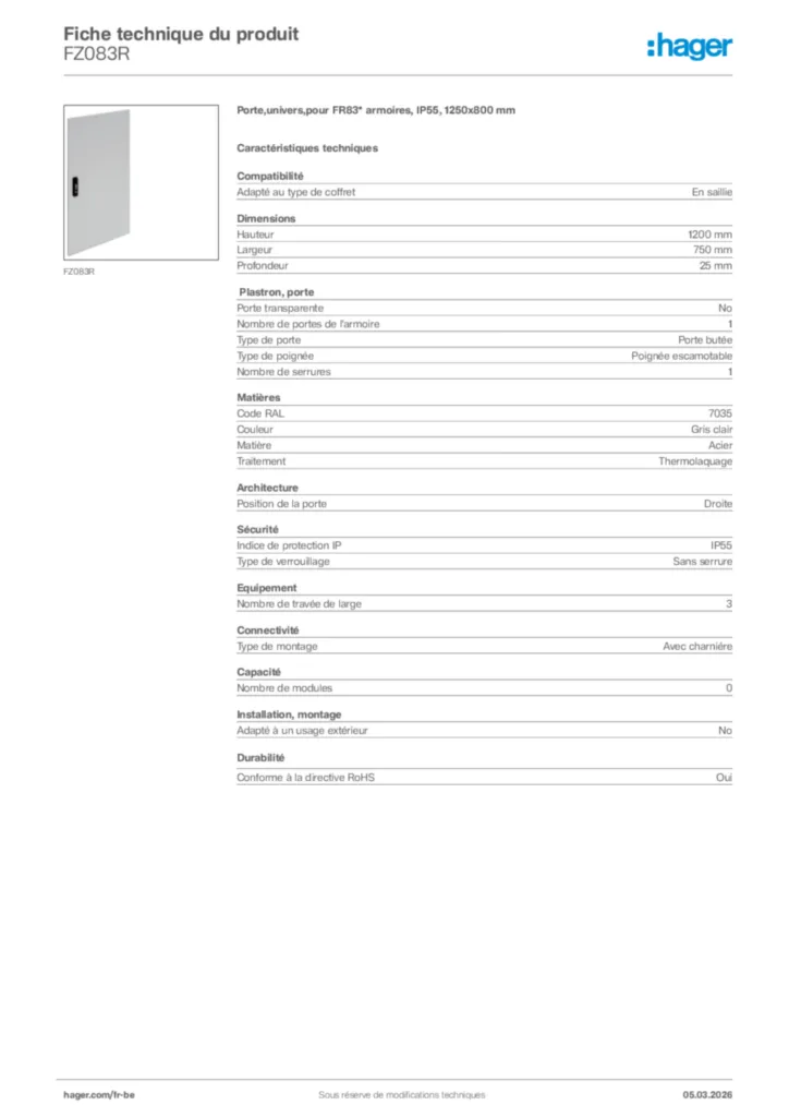 Image Hager Fiche technique du produit FZ083R | Hager Belgique