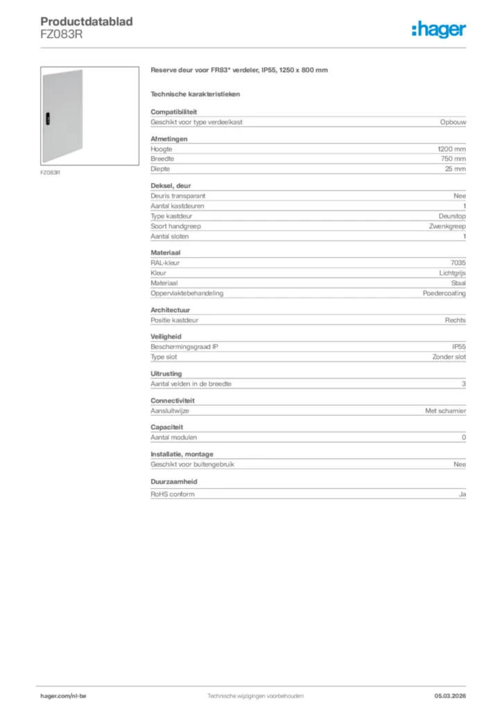 Afbeelding Hager Productdatablad FZ083R | Hager Belgium