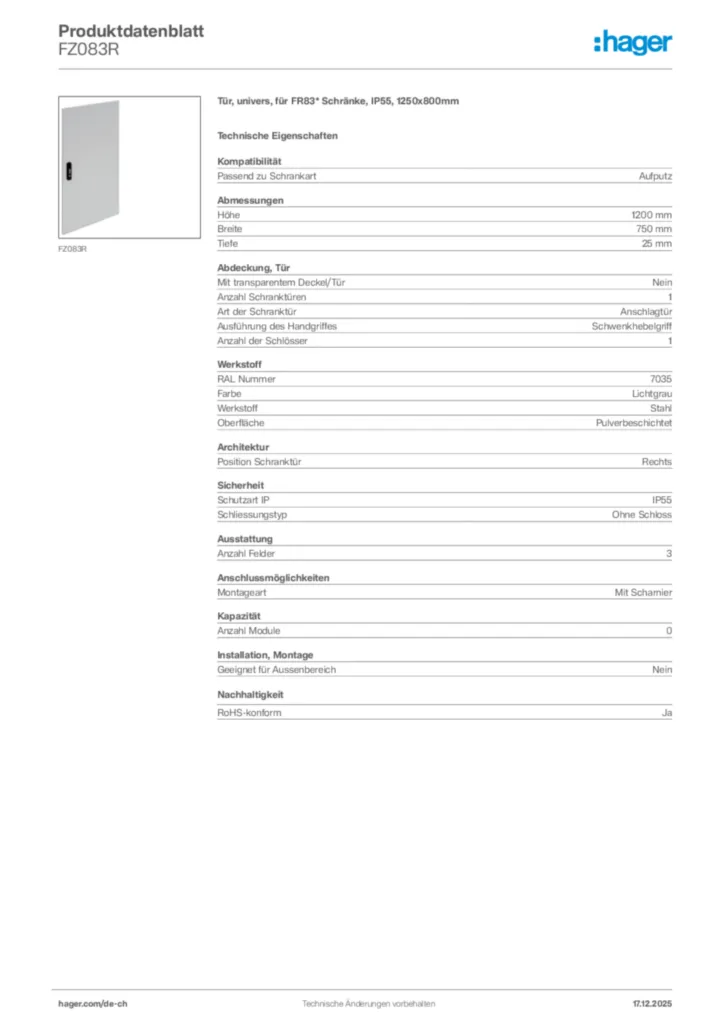 Bild Hager Produktdatenblatt FZ083R | Hager Schweiz