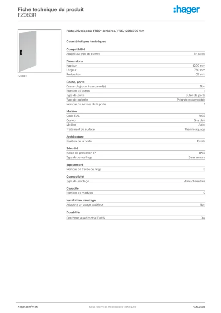 Image Hager Fiche technique du produit FZ083R | Hager Suisse