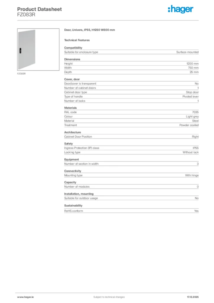 Image Hager Product data sheet FZ083R  | Hager