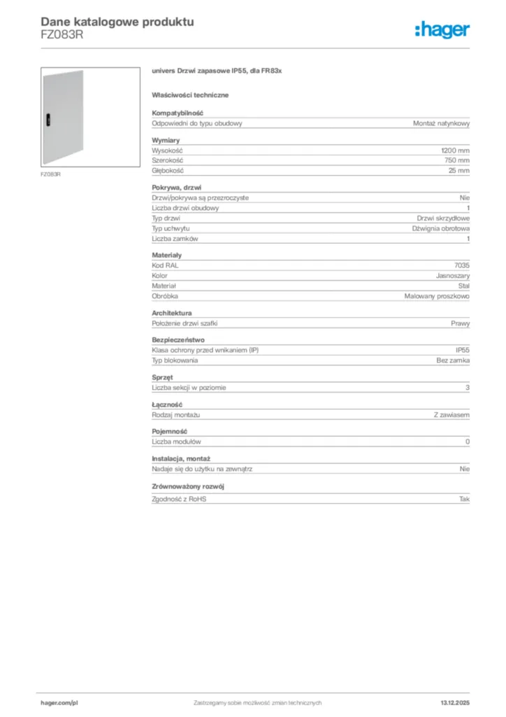 Zdjęcie Hager Karta katalogowa FZ083R | Hager Polska