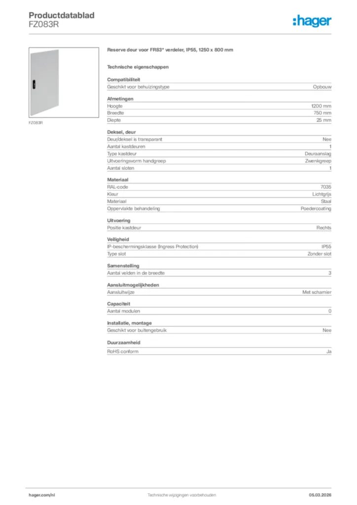 Afbeelding Hager Productdatablad FZ083R | Hager Nederland