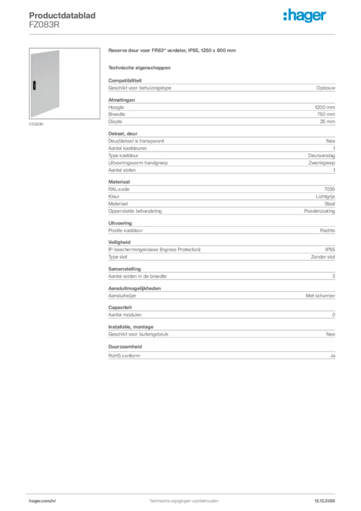 Afbeelding Hager Productdatablad FZ083R | Hager Nederland