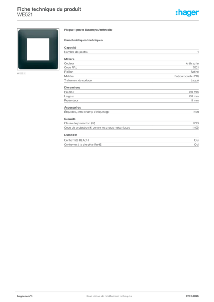 Image Hager Fiche technique du produit WE521 | Hager France