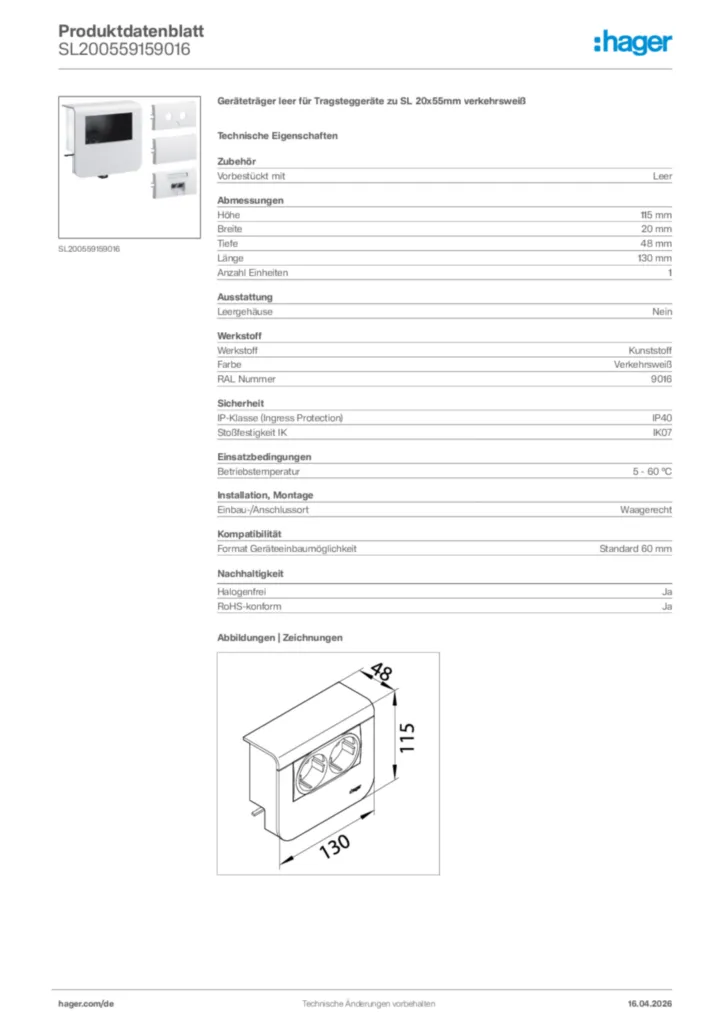 Bild Hager Produktdatenblatt SL200559159016 | Hager Deutschland