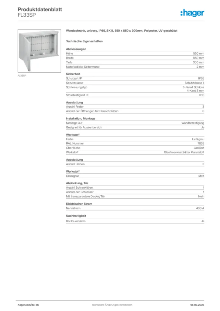 Bild Hager Produktdatenblatt FL33SP | Hager Schweiz