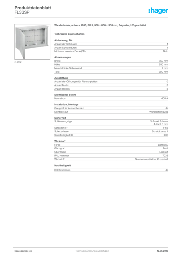 Bild Hager Produktdatenblatt FL33SP | Hager Schweiz