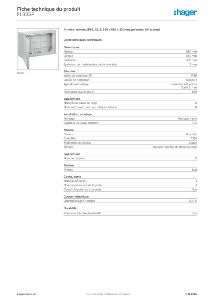 Image Hager Fiche technique du produit FL33SP | Hager Suisse