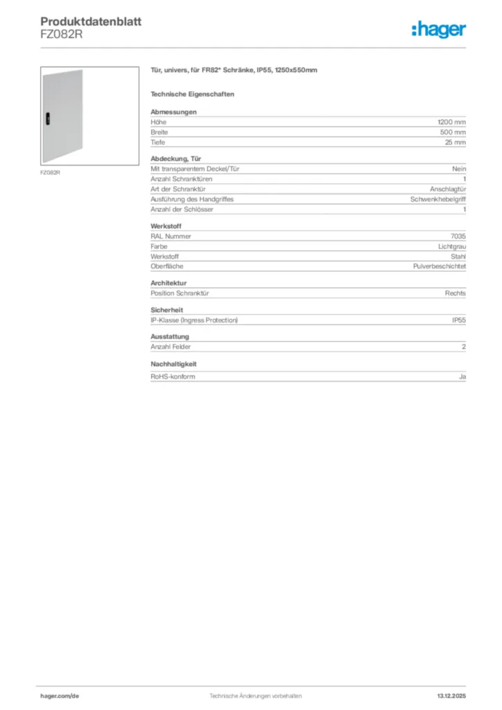 Bild Hager Produktdatenblatt FZ082R | Hager Deutschland