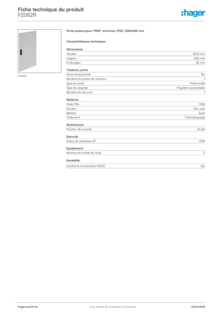 Image Hager Fiche technique du produit FZ082R | Hager Belgique