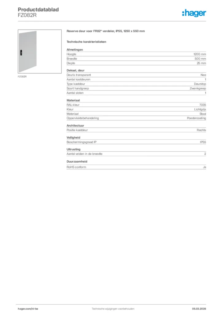 Afbeelding Hager Productdatablad FZ082R | Hager Belgium
